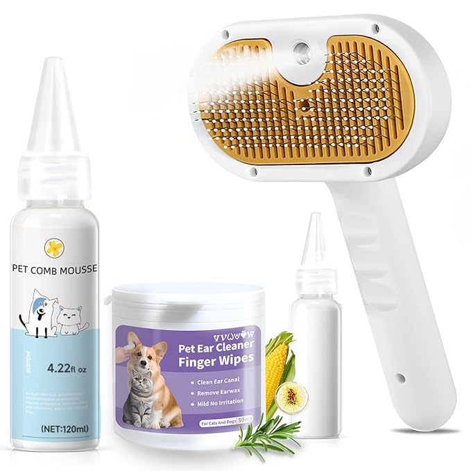 Pet Steam Brush for Dog & Cat – 3-in-1 Spray Hair Removal Comb for Shedding & Grooming, Softens Fur & Reduces Static – Water Brush for Long & Short Coats, Bath-Hating Pets, Includes Waterless Shampoo