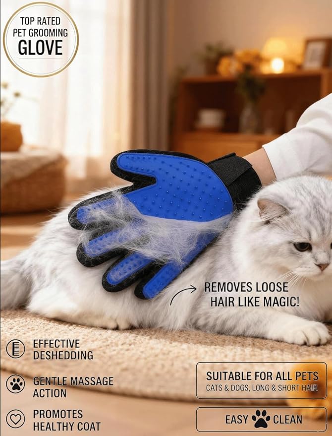 MEUOMIW - Pet Hair Remover Glove - Gentle Deshedding Brush Glove for Dogs & Cats - Enhanced Grooming & Massage Mitt for Long and Short Fur - Perfect for Shedding and Bathing (Blue, 1 Piece)
