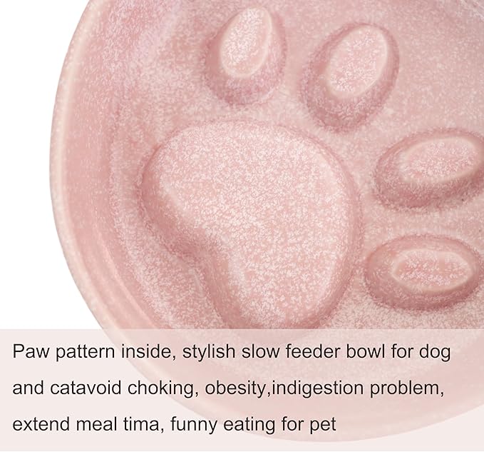 Ceramic Slow Feeder Bowl, 6.69 x 5.7 inches, Elevated Design with Paw Pattern, for Cats and Small Dogs (Pink)