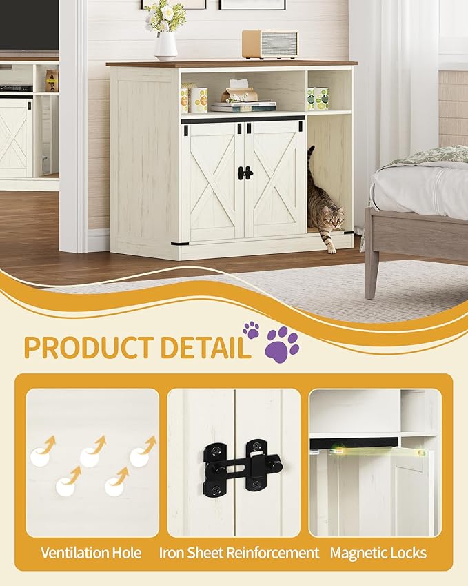Cat Litter Box Enclosure, Hidden Litter Box Furniture with Storage, Wooden Cat Cabinet with Scratch Pad, Farmhouse Cats House, TV Stand End Table, Rustic Brown and White CB88614X