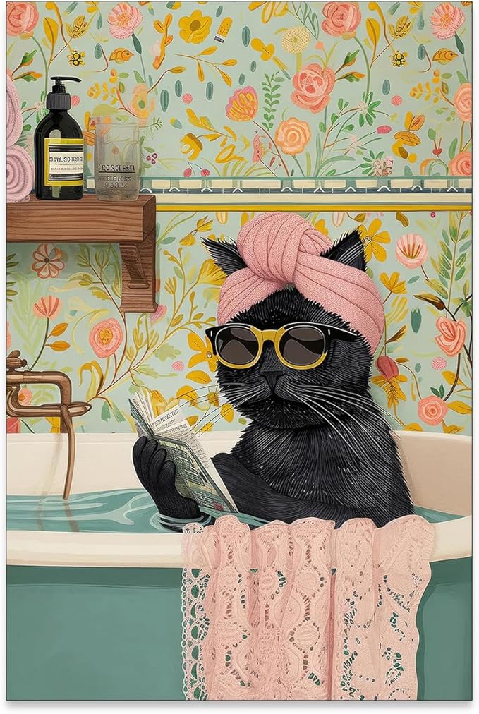 OMANI Funny Black Cat Bathroom Wall Art Cute Animal Reading Poster Trendy Preppy Aesthetic Canvas Prints for Living Room Bedroom Toilet Kids Room Wall Decor 16x24 inch Unframed