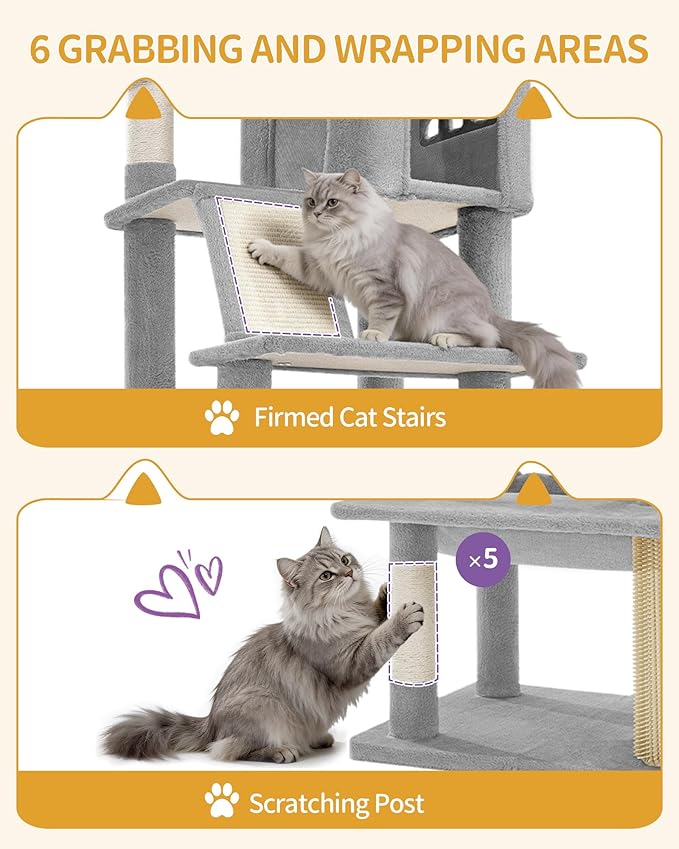 Hzuaneri Large Sturdy Cat Tree Tower, 75 Inch Tall Pet Condo For 7 Large Cats, Cat Tree Indoor Climbing Activity Tower, 2 Large Platform/2 Cave/2 Hanging Basket/5 Scratching Post, Light Grey MS19018LG