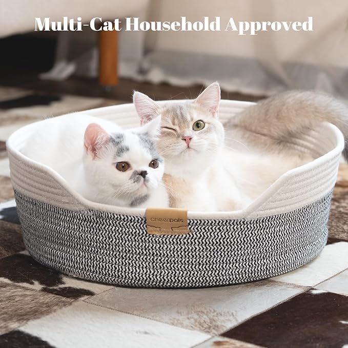 CHEERHOME PETS Cat Bed Basket with Cushion, Cotton Rope Woven Pet Bed for Indoor Cats Couch, Kitten Bed for Medium and Large Cat, All Season Universal (Grey)