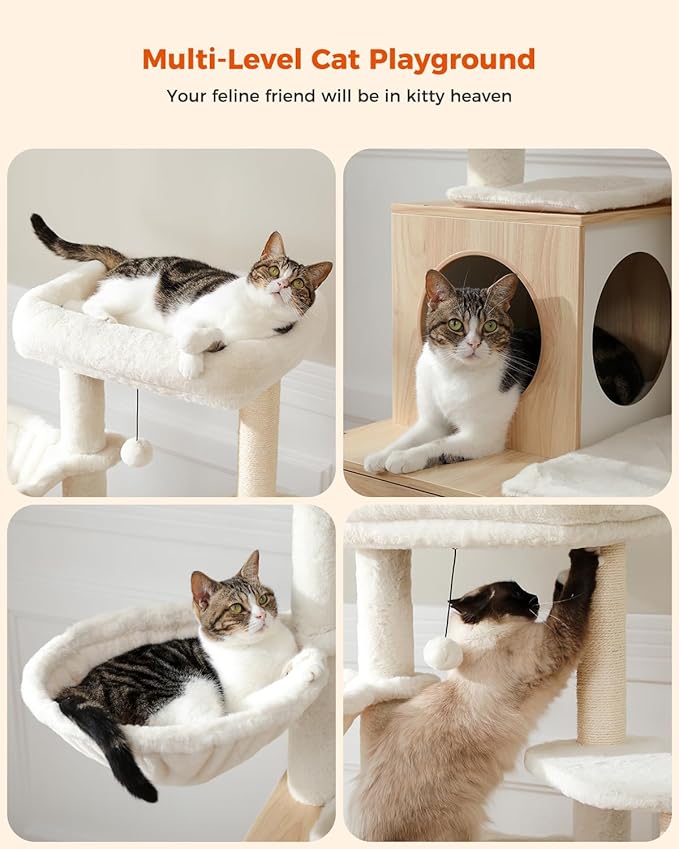 MUTTROS Cat Tree with Litter Box Enclosure, 50" Modern Cat Tree for Large/Fat Cats with Cat Condo, Wooden Cat Furniture with Large Hammock and Top Perch, Beige