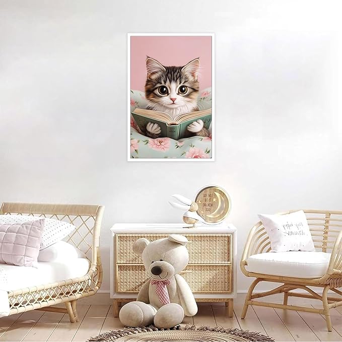 Trendy Cat Reading In Bed Canvas Wall Art Funny Pink Flower Animal Poster Funky Cat Lovers Monet Minimalist Prints Painting For Home Bedroom Kids Room Dorm Wall Decor 12x16in Unframed