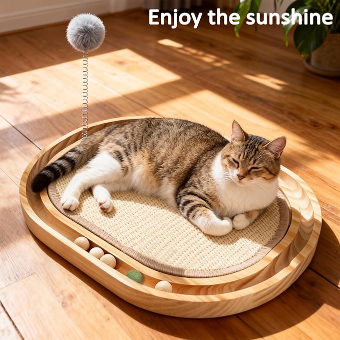 Natural Sisal Cat Scratcher Pad Wooden Interactive cat Toy with Ball Track Springs Ball for Chasing Hunting Physical Exercise Kitten Toys Cat Scratching Mat for Indoor Cats Furniture Protection
