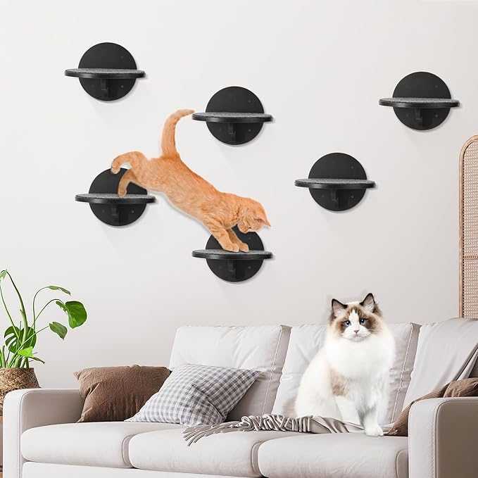 Cat Wall Shelves Furniture Set of 6, Wooden Cat Steps for with Scratching Pad, Sturdy Floating Climber Ladder Stairs, Cats Climbing Wall Systems for Cats Sleep Climb Play