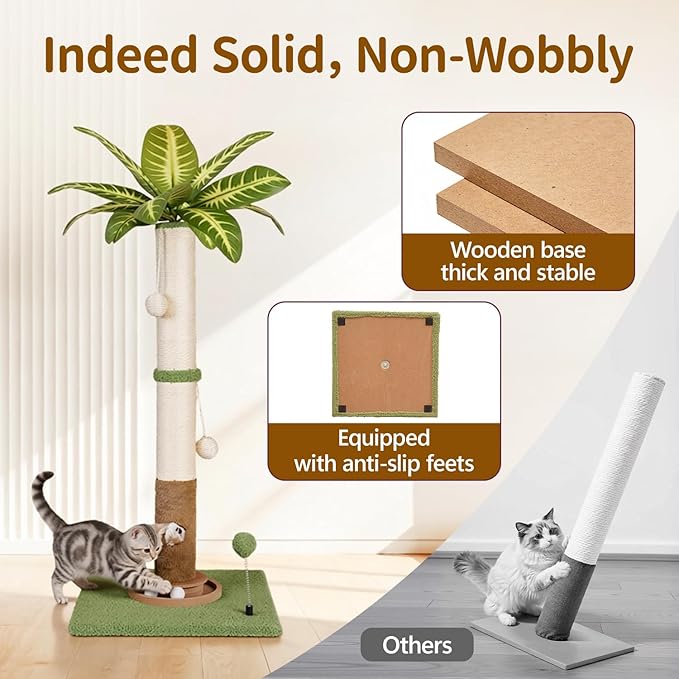 Tall Cat Scratching Post Vertical Pole for Indoor, 35" Palm Tree Sisal Scratch Post for Large Cats & Kittens, Heavy Duty Wooden Carpet Pole with Ball Track Leaves, Furniture Protection