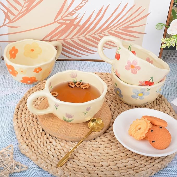 Cute Coffee Mug,Ceramic Tea cup,Kawaii coffee mugs,Handmade Creative Flower Pink mug with Spoon,Aesthetic mugs for milk Cappuccino Cocoa,8.5 oz Cheery Mug Gift for Women Christmas (Purple)