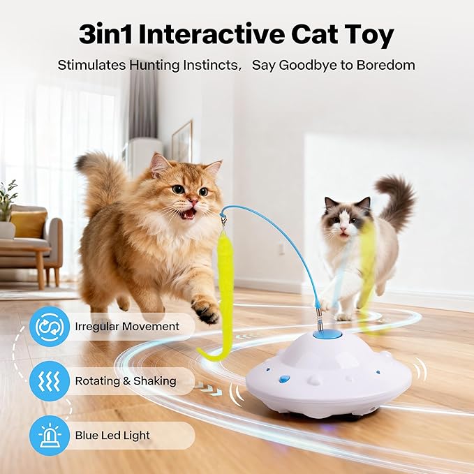 Pet Prime 3-in-1 Interactive Cat Toy with 6PCS Feathers - Automatic USB Rechargeable Self Moving Cat Toy for Bored Indoor Kittens and Adult Cats