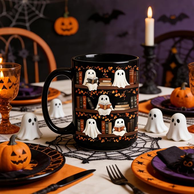 Halloween Cute Ghost Reading Coffee Mug, 15oz Black Ceramic Novelty Tea Cup, Spooky Halloween Ghost & Book Themed Mug for Book Lovers & Readers, Fun Festive Bookish Gift for Women, Men & Coworkers