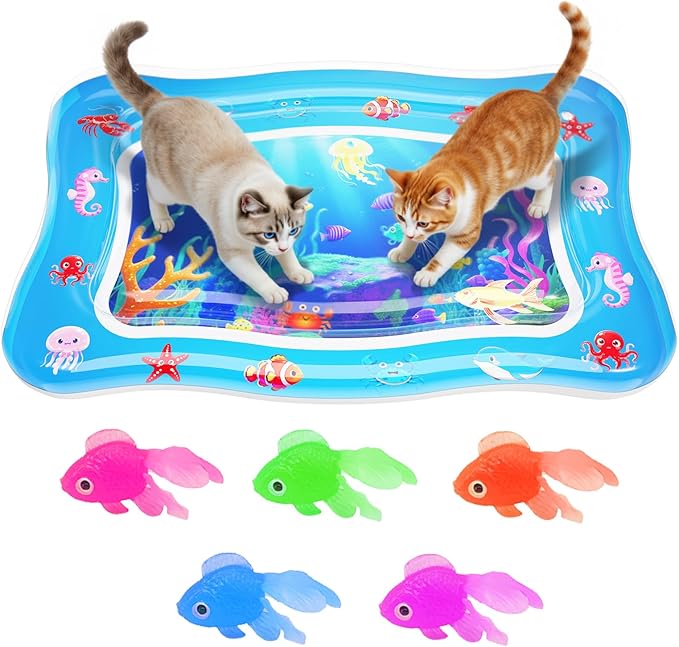 Cat Water Mat - Interactive Cat Toys Upgraded Thickened 0.7mm PVC Cooling & Heating Water Bed with Floating Fish, Anti-Scratch Leak Proof Foldable Water Sensor Play Mat for indoor/Outdoor Cats