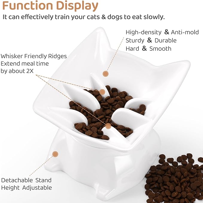 Small Elevated Slow Feeder Cat Bowl,Cute Tilted Detachable Cat Slow Feeder Food Bowls,Anti Vomiting Raised Pet Bowl for Dry and Wet Food,Whisker Friendly,Suitable for Cats & Small Dogs,White