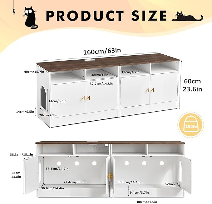 Double Cat Litter Box Enclosure for 2 Cats, 63" Wooden Hidden Cat Litter Box Furniture with Power Outlet, Sliding Bottom Easy Clean, Cat House TV Stand, Walnut