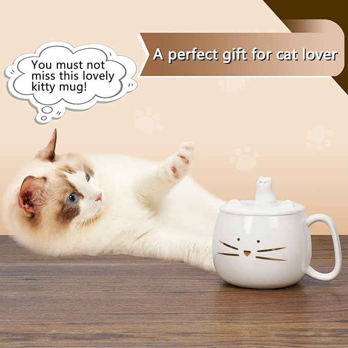 Koolkatkoo Unique Cat Coffee Mug with Lid for Cat Lover Cute Ceramic Tea Mugs with Holder for Cell Phone Porcelain Cup Have The Gold Kitten Gift for Women White