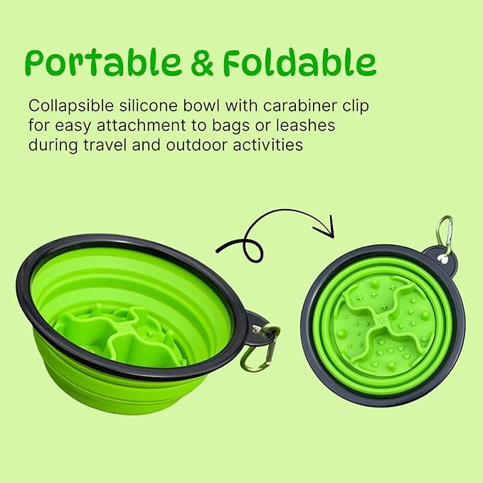 Collapsible Cat Bowl, Maze Design Pet Puzzle Feeder, 650ml Dog Slow Feeding Bowls, Dog Slow Feeder Bowl with Carabiner Portable BPA-Free Silicone Pet Bowls for Hiking,Travel, Camping - ColorGreen