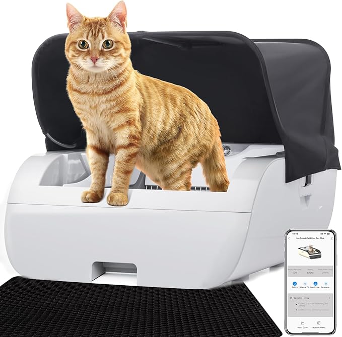 Self-Cleaning Cat Litter Box,Automatic Litter Box Self Cleaning with App & WiFi Control,Works with Clumping Litter, Anti Pinch and Odorless,Open Design for Single/Multiple Cats (Black with Tent)
