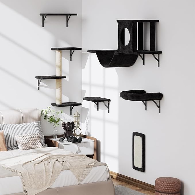 6-in-1 Cat Wall Shelves, Wall Mounted Cat Climber with Condo House, Scratching Post, Bridge Ladder, Space-Saving Indoor Play Furniture for Kittens, Black