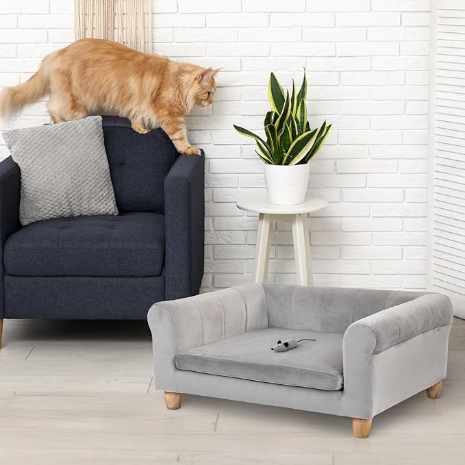 CRITTER SITTERS 33” Faux Suede Ped Bed in Grey, Durable Washable Sofa Couch for Small & Medium Cats & Dogs, Must Have Accessory for Yorkies, Shih Tzus & Frenchies, Kitten & Puppy Essential Furniture