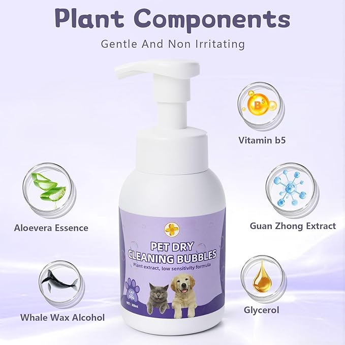 Cat Waterless Shampoo with Brush, for Quick Cleaning Between Baths, No Rinsing Needed, Hypoallergenic, Suitable for Cats and Dogs