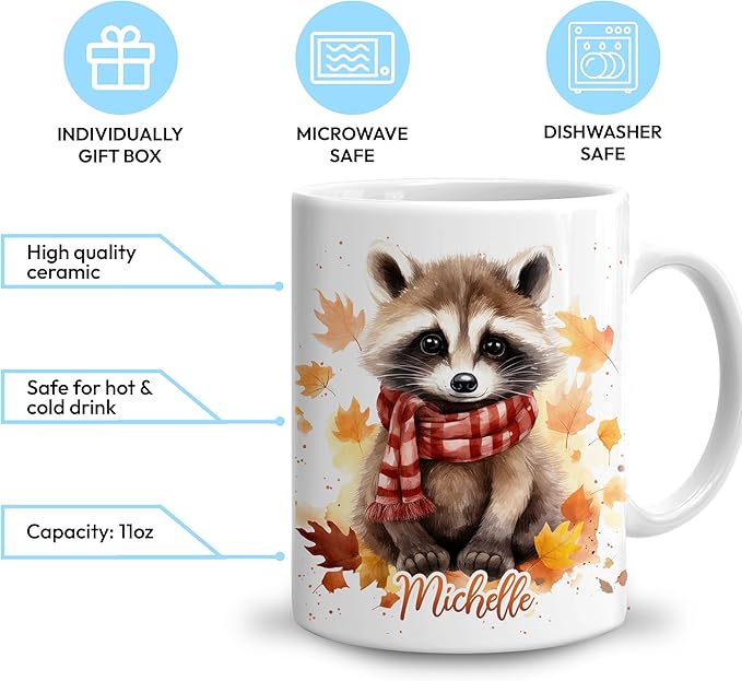 Hyturtle Personalized Fall Raccoon Maple Leaves Coffee Mug - Birthday Gifts For Raccoon Lovers - Fall Autumn Decor Gifts For Farmhouse Thanksgiving - Custom Name 11oz White Ceramic Coffee Tea Mug