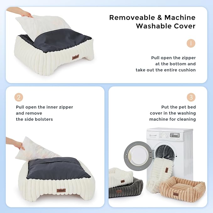 ZOMISIA Small Dog Beds for Small Dogs - Washable Cat Beds for Indoor Cats, Rectangle Orthopedic Puppy Bed with Fluffy Removable Cover, 20x19x7inches, Cream