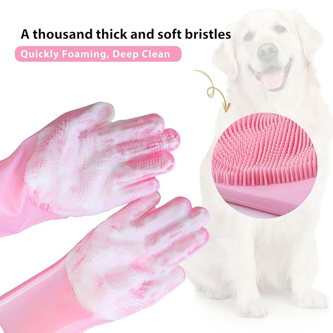 Dog Bath Gloves for Washing, Pet Grooming Gloves with Shampoo Brush, Dog Bath Brush for Dogs and Cats, Essential Dog Bath Supplies (1 Pair, Pink)