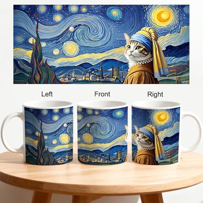 Famous Oil Painting Starry Night Cat Art Theme Double-Sided Ceramic Mug, Famous Art Parody Girl Cats Mug for Pet Lover, Kitty Lover Gifts for Women Friend, Christmas Birthday Gifts for Cat Mom