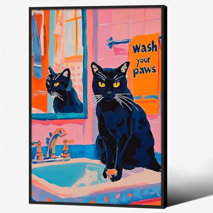 Black Cat Wash Your Paws Fun Wall Art Funky Colorful Bathroom Animal Poster Playful Kitsch Dopamine Aesthetic Canvas Pictures 24x36 inch Black Framed for Bathroom Wall Decor