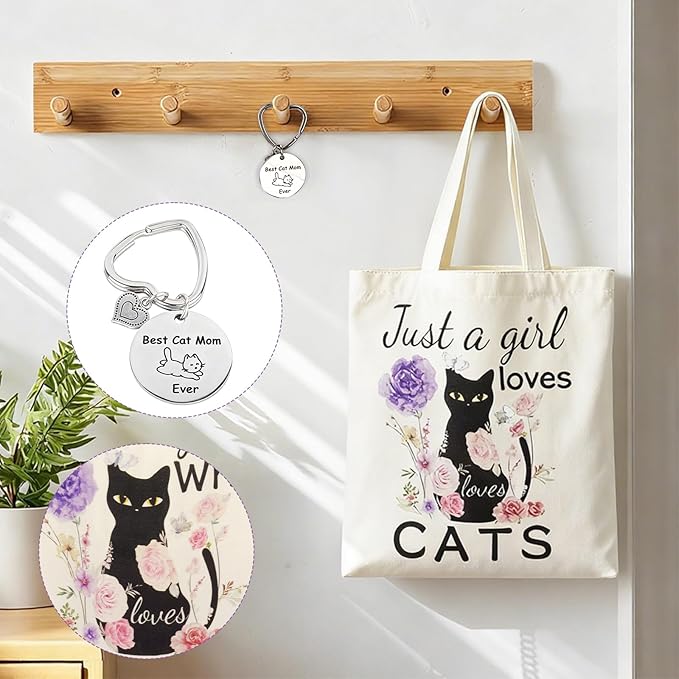 Cat Lover Gifts for Women, 7 Pcs Black Cat Themed Gift Set with Mug, Tote Bag, 3 Socks, Keychain & Comb. Perfect Kitten Themed Gifts for Women, Birthday, Mother's Day
