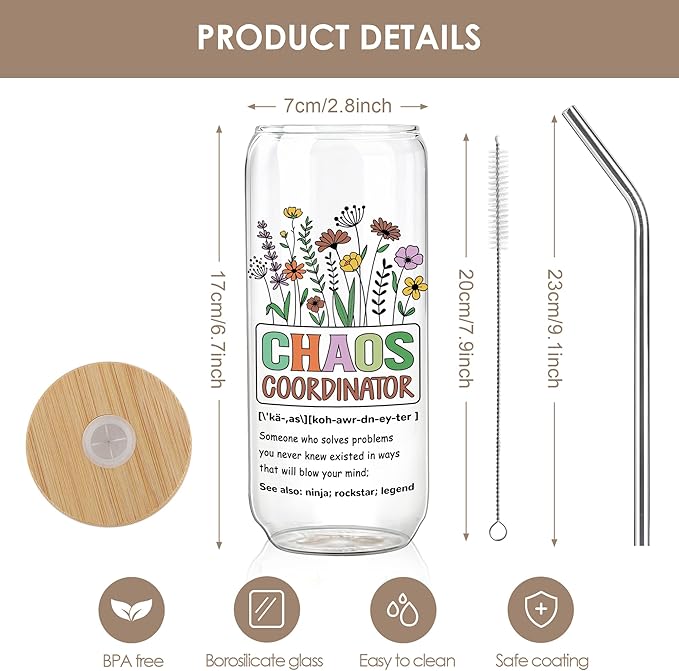 Joeyan Glass Cup with Lid and Straw - 20oz Iced Coffee Cup, Chaos Coordinator & Boho Floral Glass Tumbler, Aesthetic Drinking Glasses for Smoothie Boba Tea, Gift for Mom, Boss, Teacher, Coworker