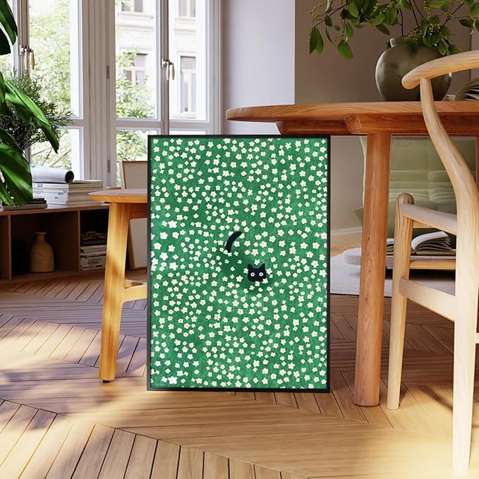 Black Cat Canvas Wall Art, Cute Cat In Daisies Meadow Aesthetic Poster, Adorable Animal Picture Rich Green Print Painting for Bedroom, Nursery Wall Decor Pet Lover Gift 8x10in Framed