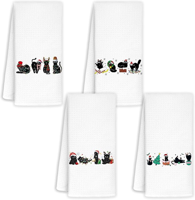 Jvpke Cat Christmas Towel Set - 4 Pcs, 16x24 In, Cat Lovers Gift, Kitchen & Bathroom Decor