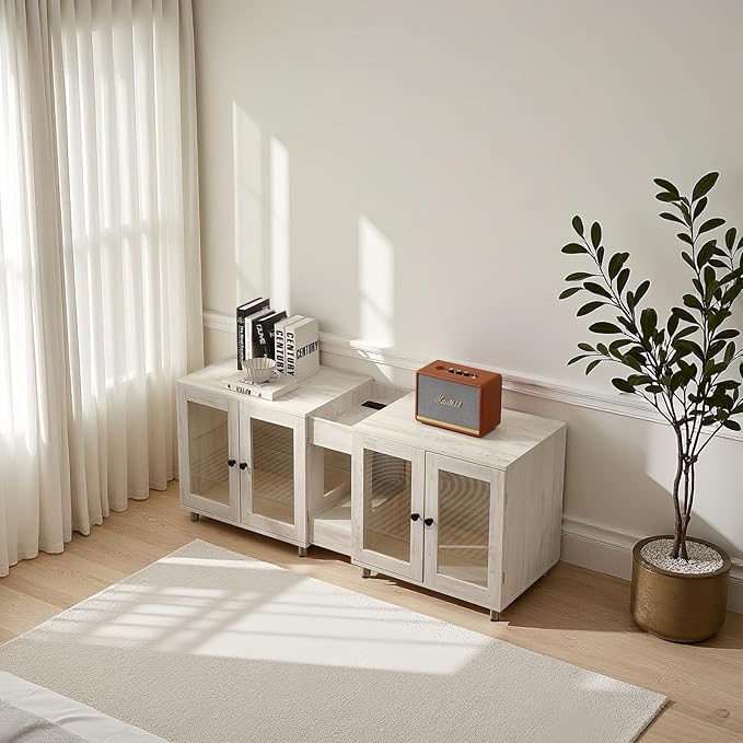 Double Cat Litter Box Enclosure for 2 Cats, Modern Double Litter Furniture with 7-Color LED & Built-in Power Outlet, Large Cozy Cat Space, 4 Glass Doors for Clear Viewing (White)