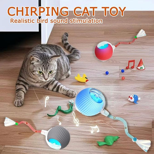 1PC Interactive Cat Toys for Indoor Cats,2025 New Generation Interactive Cat Ball Toy with Elastic Mesh Tail,Automatic Cat/Kitten Toys with Chirping & Motion Activate,Cat Toys for Bored Indoor,Gray