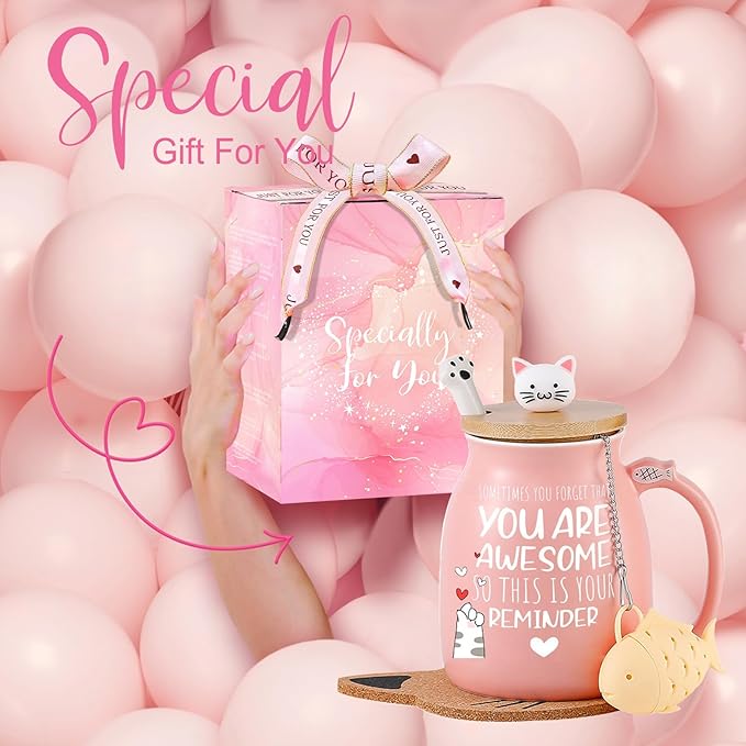BigNoseDeer Thank You Gifts for Women Cute Cat Coffee Mug Birthday Friendship Christmas Gift for Women Female Mom Cat Lovers Present Kawaii Stuff Funny Tea Cup Stocking Stuffers White Elephant Gifts