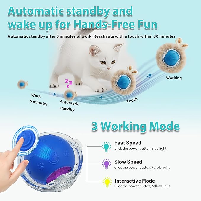 Interactive Cat Toy Electric Fast-Rolling Ball with Automatic Standby Active Mode Chirping LED Light with Sound Cat Hunting Toys for Indoor Cats