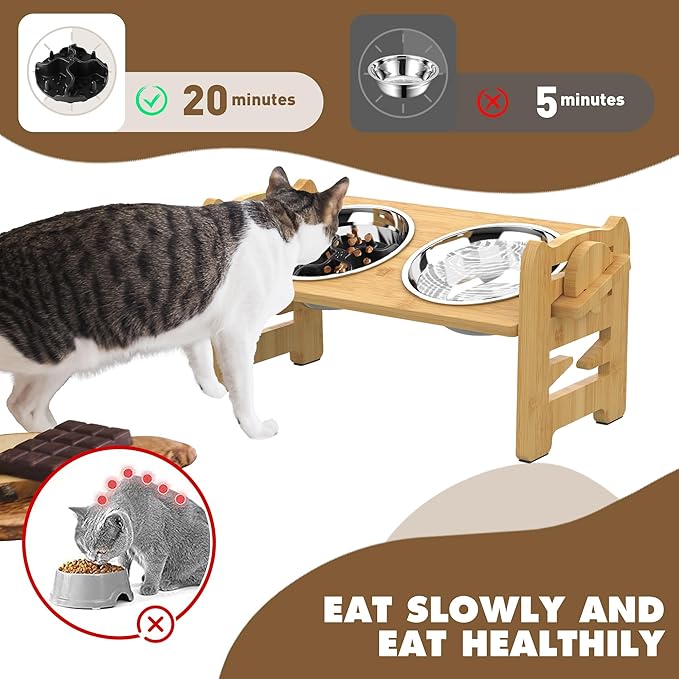 Adjustable Elevated Raised Feeder – Non-Slip Bamboo Stand with 2 Stainless Steel Bowls & 1 Slow Feeder for Small to Medium Size Dogs