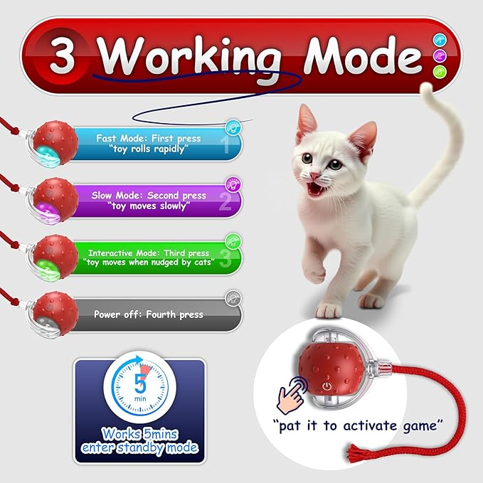 Interactive Cat Toys for Indoor Cats, 360° Smart Automatic Rolling Pet Ball, Rollie Pet Cat Toy, Electric Rolling Ball Dog Toy, Moving Cat Ball with Mesh Tail, Interactive Dog Toys for Small Dogs-Red