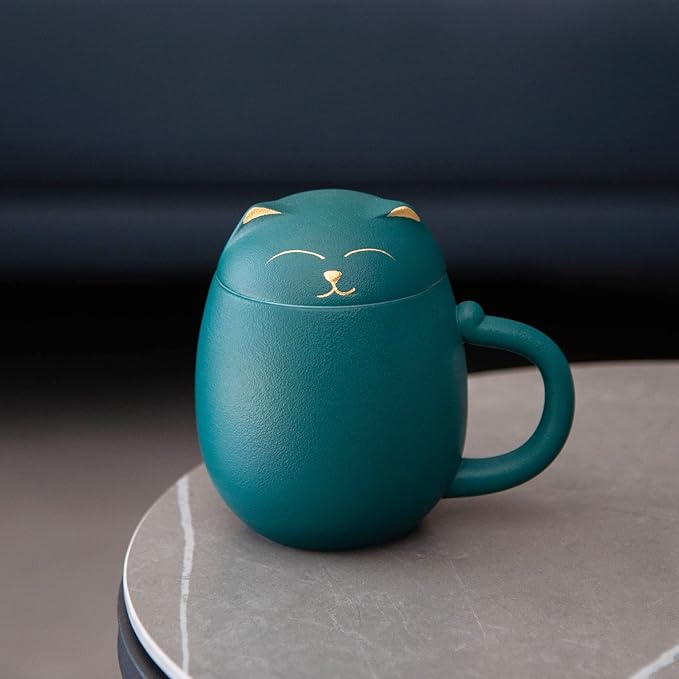 HEER Cat Tea Cup with Infuser and Lid - 13.5oz Ceramic Tea Mug - Cat Lover Gift for Friends Family. (Green)