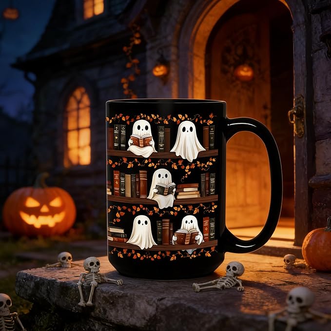 Halloween Cute Ghost Reading Coffee Mug, 15oz Black Ceramic Novelty Tea Cup, Spooky Halloween Ghost & Book Themed Mug for Book Lovers & Readers, Fun Festive Bookish Gift for Women, Men & Coworkers