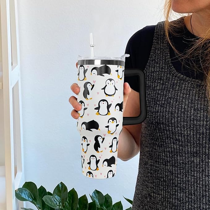 Ceovfoi 40 Oz Penguin Tumbler With Handle, Coffee Travel Mug Cup Water Bottle, Penguin Decor and Gifts for Women