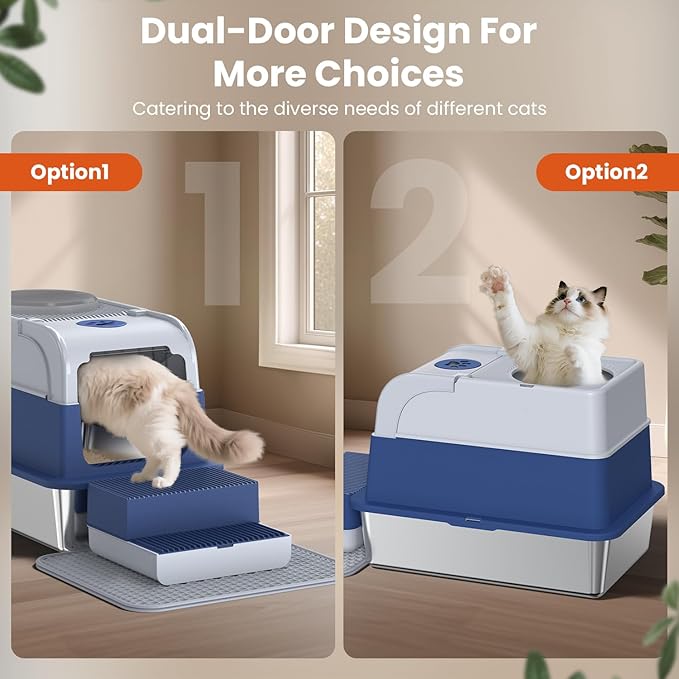 Stainless Steel Litter Box with Lid, Top Entry Extra Large Litter Box Enclosure for Kitty & Big Cats, Non-Stick Metal Cat Pan with Dual Storage Footboard, Trapping Mat & Scoop Included