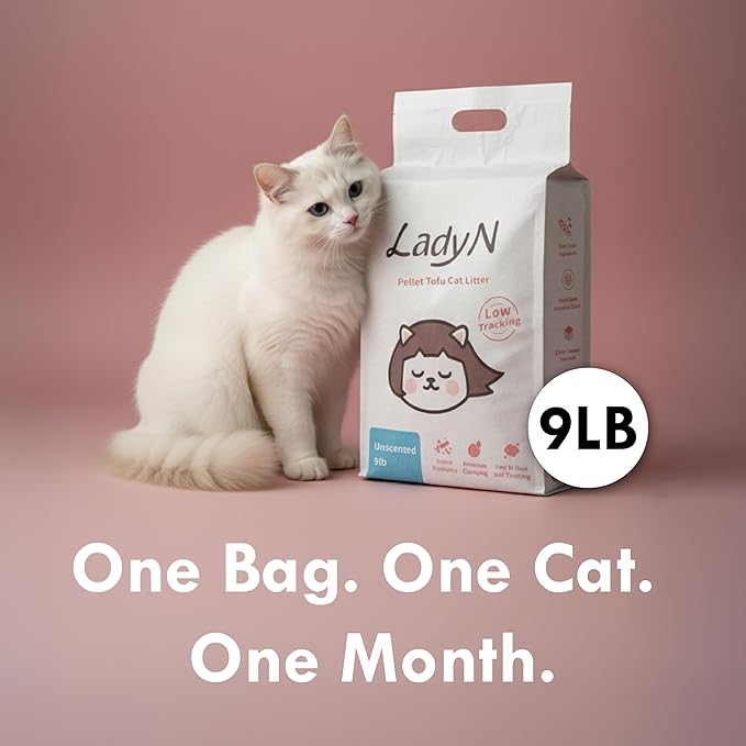 Lady N Pellet Tofu Cat Litter, Strong Clumping, Dust-Free Low-Track Water-Soluble, Natural Ingredients, Enviro-probiotic and Activated Carbon for Odor Control 18lb Yosemite Woody Scent + Unscented