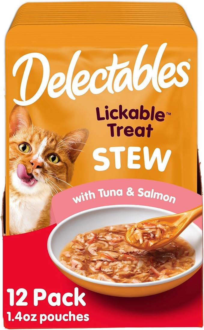 Delectables Lickable Treat Stew Wet Cat Treat with Real Tuna & Salmon, Food Topper, Hydrating, Grain-Free, No Fillers, No By-Products, No Added Preservatives, 1.4oz Pouch, 12ct