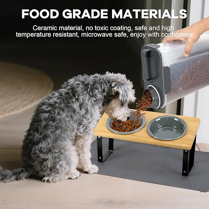 Upgraded Adjustable Height Cat Food Bowls Stand Ceramic Dog Bowls and Slow Feeder Cat Bowl, 15°Tilted Stand Anti Vomiting Raised for Small and Medium Sized Cats Dogs (Grey (2 Bowl+Pet mat))