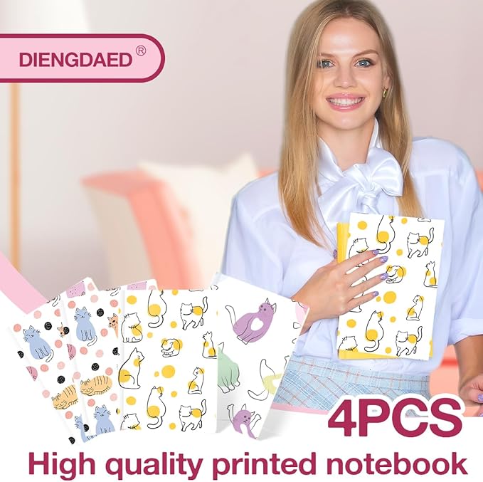 Cat Notebooks for Work, 4 Pcs A5(8.26x5.7inch) College Ruled Notebook Journal for Women, Cute Notepads Lined Journals for Writing, Cute Diary Stationary Cat Lover Gifts 10
