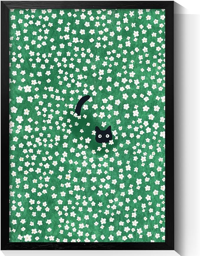 Black Cat Canvas Wall Art, Cute Cat In Daisies Meadow Aesthetic Poster, Adorable Animal Picture Rich Green Print Painting for Bedroom, Nursery Wall Decor Pet Lover Gift 12x16in Framed