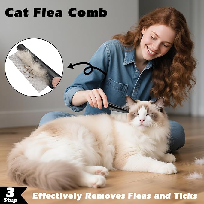 Comotech 3PCS Cat Grooming Supplies, Cat Brush & Nail Clipper/Trimmer & Flea Comb for Shedding Indoor Cats Essentials Stuff Accessories (Black)