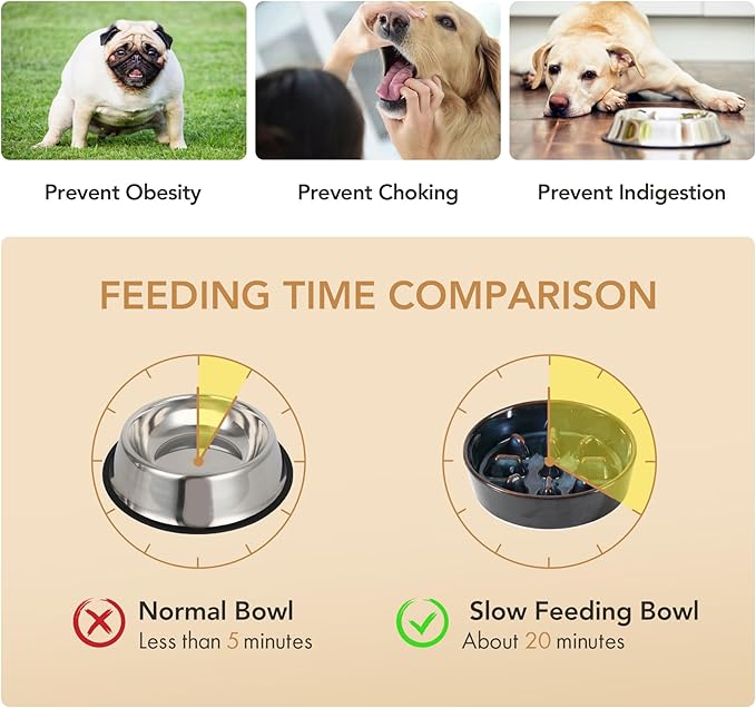Ceramic 1.2 Cup Raised Slow Feeder Dog Bowl Set, Elevated 6.1inch Bowl and 7.3inch Slow Feeder Dish with Acacia Wood Stand for Small and Medium Dogs (2 x Starry Sky+ Stand)